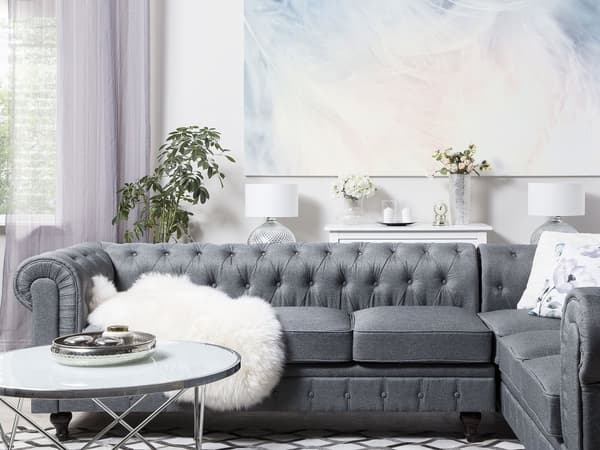 Kulmasohva vaaleanharmaa 280 x 77 x 85 cm kangasverhoilu kuudelle vasenkätinen chesterfield