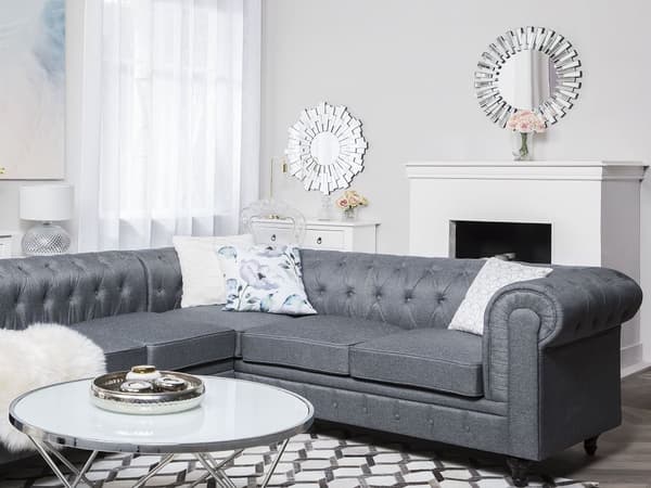 Kulmasohva vaaleanharmaa 280 x 77 x 85 cm kangasverhoilu kuudelle vasenkätinen chesterfield