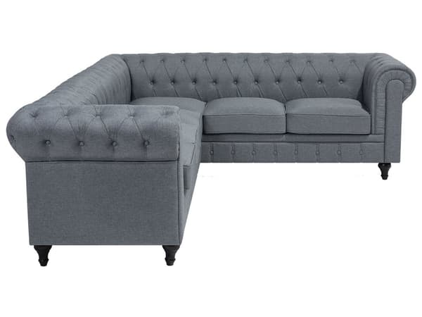 Kulmasohva vaaleanharmaa 280 x 77 x 85 cm kangasverhoilu kuudelle vasenkätinen chesterfield