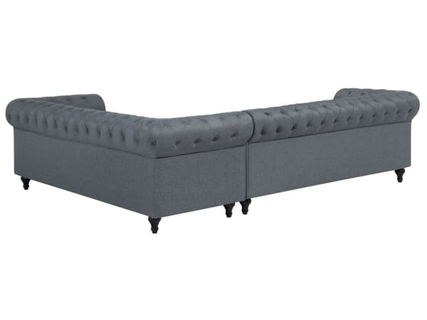 Kulmasohva vaaleanharmaa 280 x 77 x 85 cm kangasverhoilu kuudelle vasenkätinen chesterfield