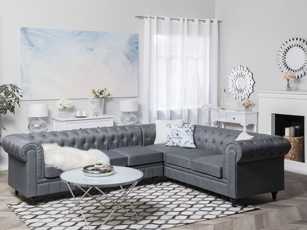 Kulmasohva vaaleanharmaa 280 x 77 x 85 cm kangasverhoilu kuudelle vasenkätinen chesterfield