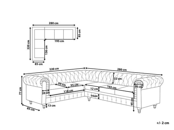 Kulmasohva vaaleanharmaa 280 x 77 x 85 cm kangasverhoilu kuudelle oikeakätinen chesterfield
