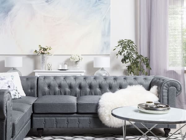 Kulmasohva vaaleanharmaa 280 x 77 x 85 cm kangasverhoilu kuudelle oikeakätinen chesterfield