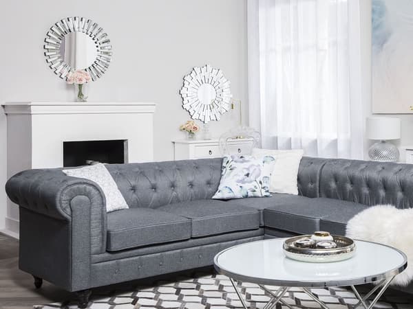 Kulmasohva vaaleanharmaa 280 x 77 x 85 cm kangasverhoilu kuudelle oikeakätinen chesterfield