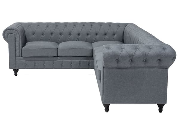 Kulmasohva vaaleanharmaa 280 x 77 x 85 cm kangasverhoilu kuudelle oikeakätinen chesterfield