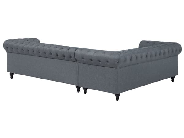 Kulmasohva vaaleanharmaa 280 x 77 x 85 cm kangasverhoilu kuudelle oikeakätinen chesterfield