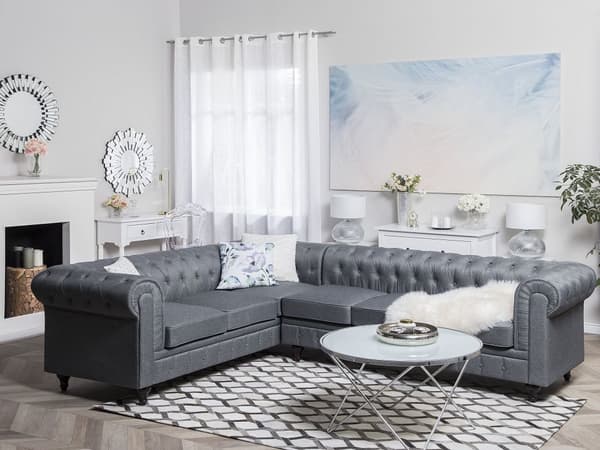 Kulmasohva vaaleanharmaa 280 x 77 x 85 cm kangasverhoilu kuudelle oikeakätinen chesterfield