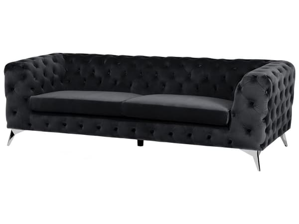 Sohva musta 224 x 70 x 85 cm sametti metalli puu kolmelle nappikoristelu glamour
