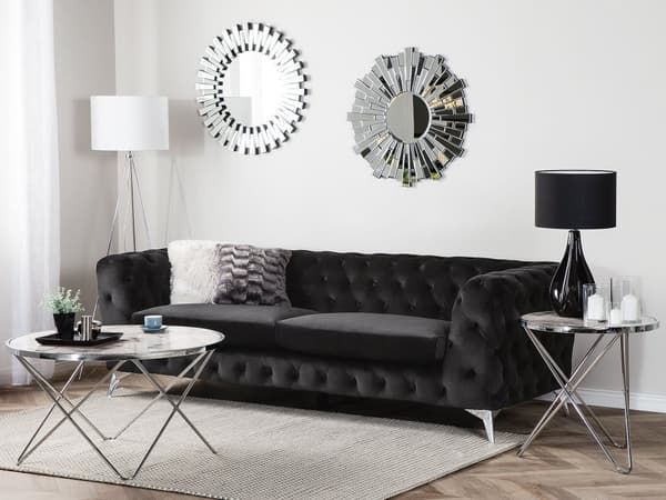 Sohva musta 224 x 70 x 85 cm sametti metalli puu kolmelle nappikoristelu glamour