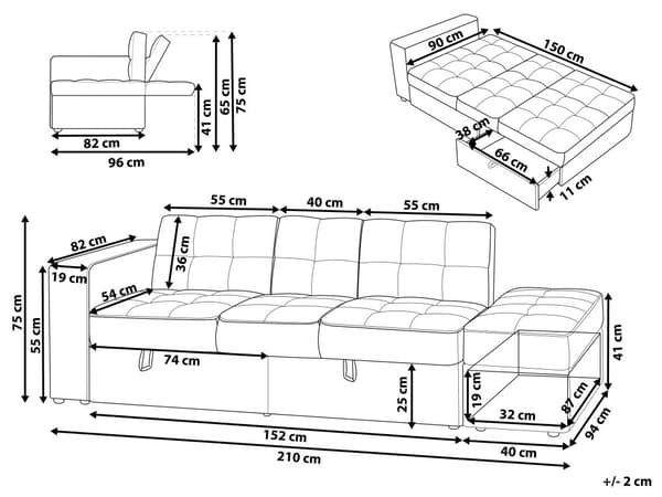 Sovesofa Mørkegrå Polyester 3 Personers Hjørnesofa Opbevaring Skuffer Kopholder Ottoman Fodskammel Quiltet Tuftet Moderne Multifunktionel Design
