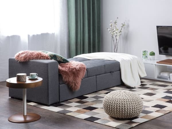 Sovesofa Mørkegrå Polyester 3 Personers Hjørnesofa Opbevaring Skuffer Kopholder Ottoman Fodskammel Quiltet Tuftet Moderne Multifunktionel Design