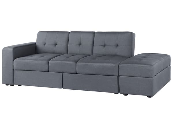 Sovesofa Mørkegrå Polyester 3 Personers Hjørnesofa Opbevaring Skuffer Kopholder Ottoman Fodskammel Quiltet Tuftet Moderne Multifunktionel Design