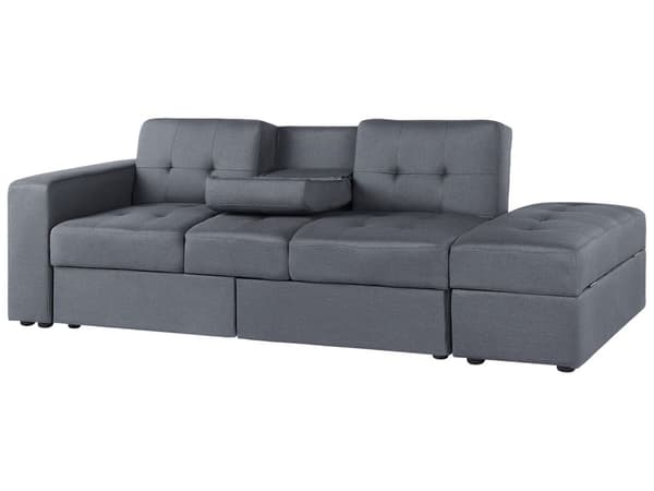 Sovesofa Mørkegrå Polyester 3 Personers Hjørnesofa Opbevaring Skuffer Kopholder Ottoman Fodskammel Quiltet Tuftet Moderne Multifunktionel Design