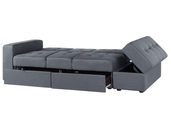 Sovesofa Mørkegrå Polyester 3 Personers Hjørnesofa Opbevaring Skuffer Kopholder Ottoman Fodskammel Quiltet Tuftet Moderne Multifunktionel Design
