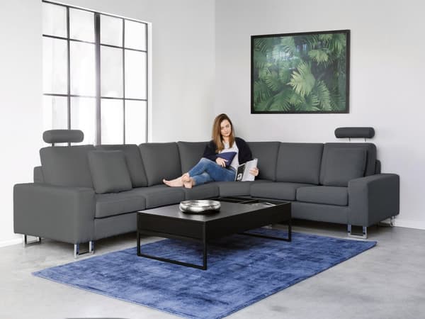 Hjørnesofa mørkegrå modulær 6 personers moderne quiltet sofa til stue med chaiselong og skammel venstre side