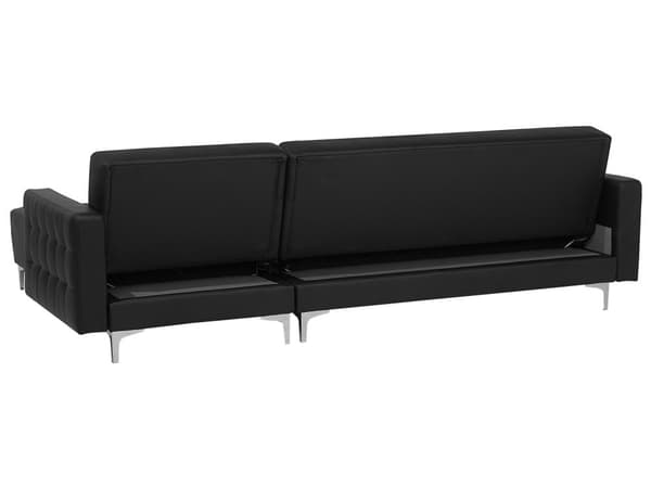 Hjørnesofa Chaiselong Sort Kunstlæder med Skumfyld og Sølv Krom Metalben 4 personers L-formet Moderne Tuftet Fodstøtte modul Sovefunktion