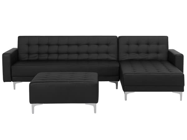 Hjørnesofa Chaiselong Sort Kunstlæder med Skumfyld og Sølv Krom Metalben 4 personers L-formet Moderne Tuftet Fodstøtte modul Sovefunktion