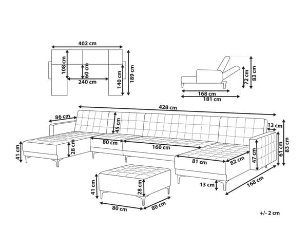 Sofa Chaiselong Sort Kunstlæder med Skumfyld og Sølv Krom Metalben 6 personers U-formet Moderne Fodstøtte Tuftet Klik Klak modul Sovefunktion