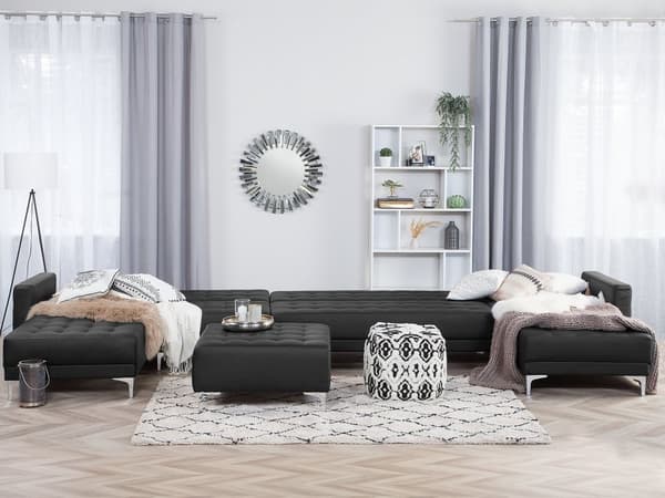 Sofa Chaiselong Sort Kunstlæder med Skumfyld og Sølv Krom Metalben 6 personers U-formet Moderne Fodstøtte Tuftet Klik Klak modul Sovefunktion
