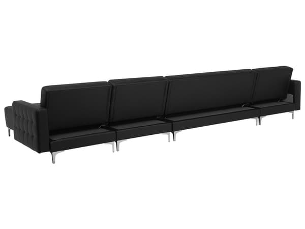 Sofa Chaiselong Sort Kunstlæder med Skumfyld og Sølv Krom Metalben 6 personers U-formet Moderne Fodstøtte Tuftet Klik Klak modul Sovefunktion