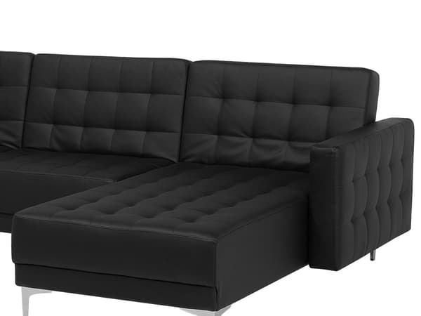 Sofa Chaiselong Sort Kunstlæder med Skumfyld og Sølv Krom Metalben 6 personers U-formet Moderne Fodstøtte Tuftet Klik Klak modul Sovefunktion