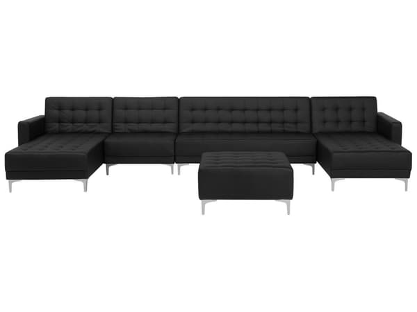 Sofa Chaiselong Sort Kunstlæder med Skumfyld og Sølv Krom Metalben 6 personers U-formet Moderne Fodstøtte Tuftet Klik Klak modul Sovefunktion