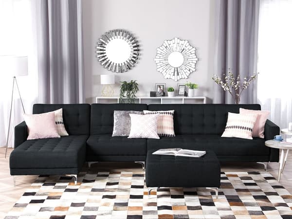 Hjørnesofa Chaiselong Grafitgrå Polyester med Skumfyld og Sølv Krom Metalben 5 personers L-formet Moderne Tuftet Klik Klak modul Sovefunktion