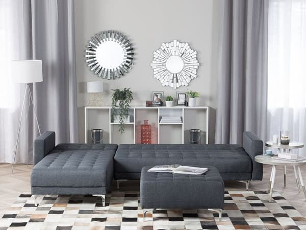Hjørnesofa Chaiselong mørkegrå Polyester med Skumfyld og Sølv Krom Metalben 4 personers L-formet Moderne Ottoman Tuftet modul Sovefunktion