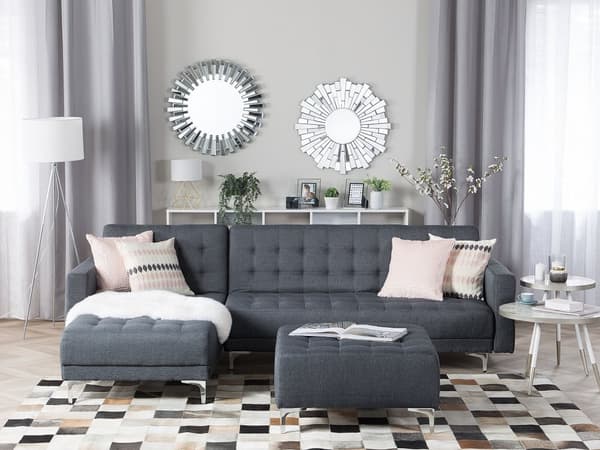 Hjørnesofa Chaiselong mørkegrå Polyester med Skumfyld og Sølv Krom Metalben 4 personers L-formet Moderne Ottoman Tuftet modul Sovefunktion