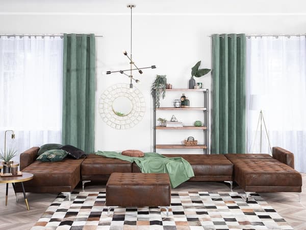Sofa Chaiselong Brun Kunstlæder med Skumfyld og Sølv Krom Metalben 6 personers U-formet Moderne Tuftet Fodstøtte modul Klik Klak Sovefunktion