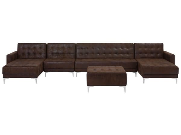 Sofa Chaiselong Brun Kunstlæder med Skumfyld og Sølv Krom Metalben 6 personers U-formet Moderne Tuftet Fodstøtte modul Klik Klak Sovefunktion
