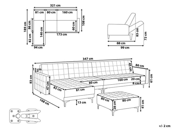 Hjørnesofa Chaiselong Sort Kunstlæder med Skumfyld og Sølv Krom Metalben 5 personers L-formet Moderne Tuftet Fodstøtte modul Sovefunktion