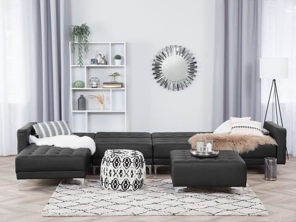 Hjørnesofa Chaiselong Sort Kunstlæder med Skumfyld og Sølv Krom Metalben 5 personers L-formet Moderne Tuftet Fodstøtte modul Sovefunktion