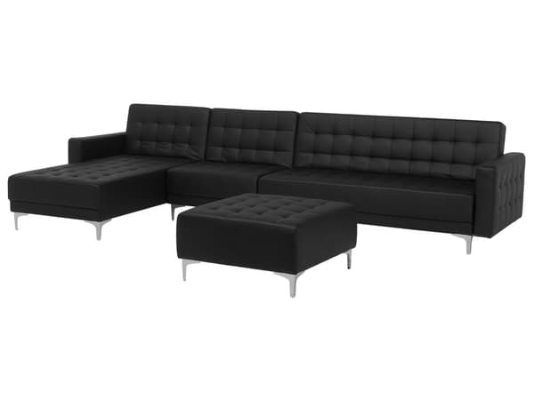 Hjørnesofa Chaiselong Sort Kunstlæder med Skumfyld og Sølv Krom Metalben 5 personers L-formet Moderne Tuftet Fodstøtte modul Sovefunktion