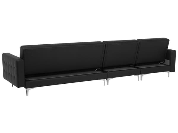 Hjørnesofa Chaiselong Sort Kunstlæder med Skumfyld og Sølv Krom Metalben 5 personers L-formet Moderne Tuftet Fodstøtte modul Sovefunktion