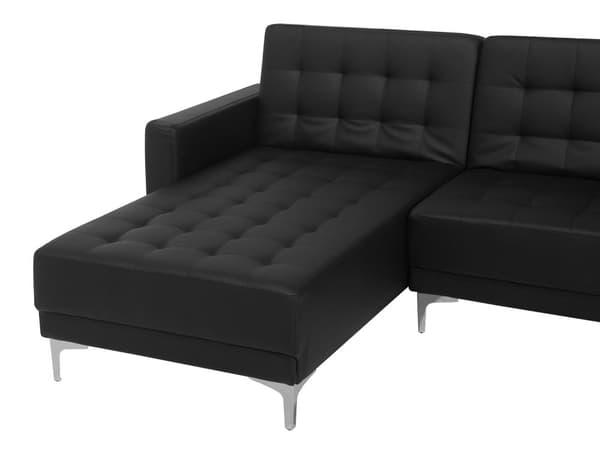 Hjørnesofa Chaiselong Sort Kunstlæder med Skumfyld og Sølv Krom Metalben 5 personers L-formet Moderne Tuftet Fodstøtte modul Sovefunktion