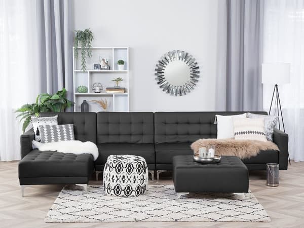 Hjørnesofa Chaiselong Sort Kunstlæder med Skumfyld og Sølv Krom Metalben 5 personers L-formet Moderne Tuftet Fodstøtte modul Sovefunktion