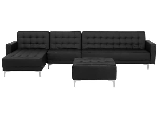 Hjørnesofa Chaiselong Sort Kunstlæder med Skumfyld og Sølv Krom Metalben 5 personers L-formet Moderne Tuftet Fodstøtte modul Sovefunktion