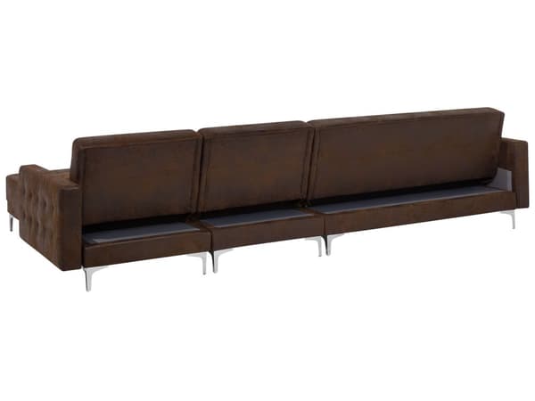 Hjørnesofa Chaiselong Brun Kunstlæder med Skumfyld og Sølv Krom Metalben 5 personers Moderne L-formet modul Fodstøtte Klik Klak Sovefunktion