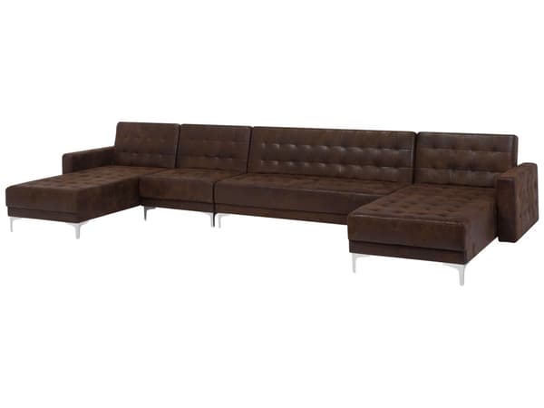 Sofa Chaiselong Brun Kunstlæder med Skumfyld og Sølv Krom Metalben 6 personers Moderne U-formet modul Klik Klak Sovefunktion Stueindretning