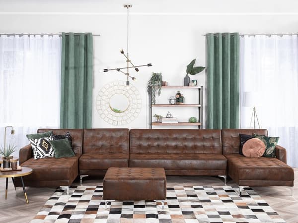 Sofa Chaiselong Brun Kunstlæder med Skumfyld og Sølv Krom Metalben 6 personers Moderne U-formet modul Klik Klak Sovefunktion Stueindretning