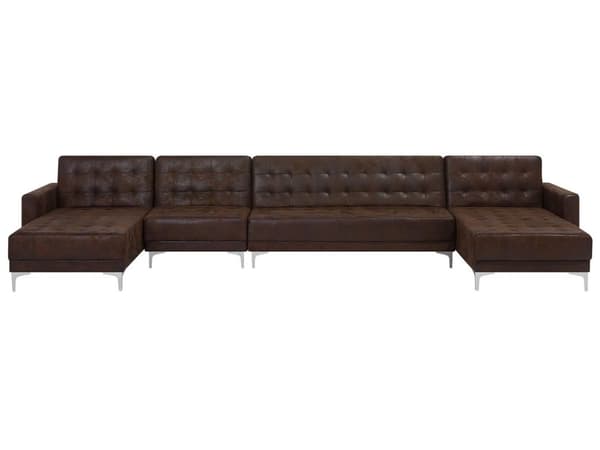 Sofa Chaiselong Brun Kunstlæder med Skumfyld og Sølv Krom Metalben 6 personers Moderne U-formet modul Klik Klak Sovefunktion Stueindretning