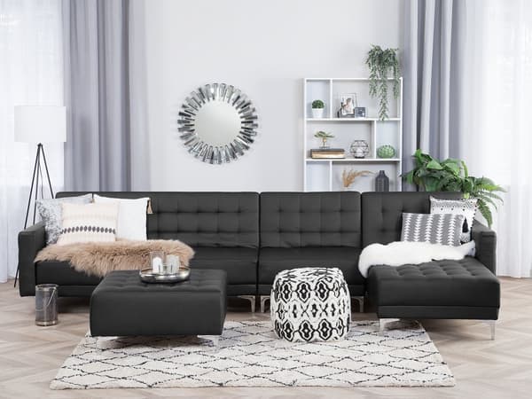Hjørnesofa Chaiselong Sort Kunstlæder med Skumfyld og Sølv Krom Metalben 5 personers L-formet Moderne Tuftet Fodstøtte modul Sovefunktion