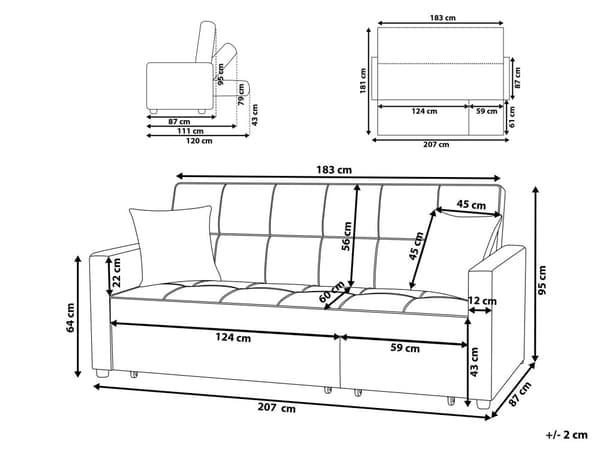 Sovesofa Grå Polyester 3 Personers Udtræksseng på Hjul Sovefunktion Quiltet Ryglæn Moderne Sofaseng Stue Indretning Klassisk Multifunktionel