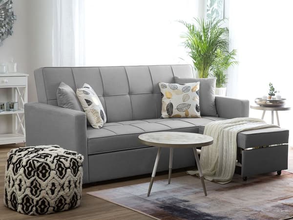 Sovesofa Grå Polyester 3 Personers Udtræksseng på Hjul Sovefunktion Quiltet Ryglæn Moderne Sofaseng Stue Indretning Klassisk Multifunktionel