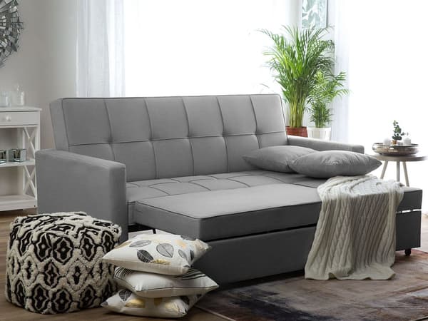 Sovesofa Grå Polyester 3 Personers Udtræksseng på Hjul Sovefunktion Quiltet Ryglæn Moderne Sofaseng Stue Indretning Klassisk Multifunktionel