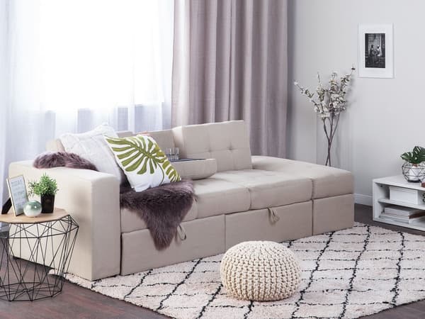 Sovesofa Beige Polyester 3 Personers Hjørnesofa Opbevaring Skuffer Kopholder Ottoman Fodskammel Quiltet Tuftet Moderne Multifunktionel Design