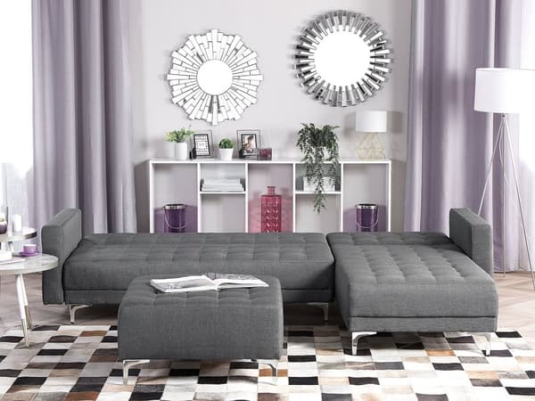 Hjørnesofa Grå polyester stof skumfyld 4 personers Moderne L-formet modulær klik klak funktion med fodskammel venstrehånds gæsteseng venlig