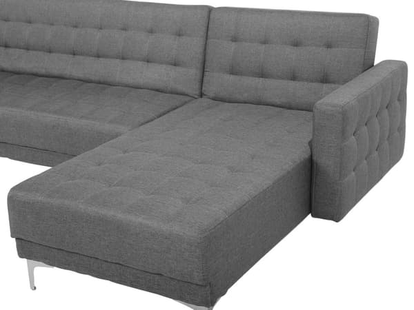 Hjørnesofa Grå polyester stof skumfyld 4 personers Moderne L-formet modulær klik klak funktion med fodskammel venstrehånds gæsteseng venlig