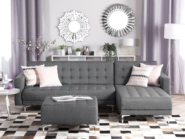 Hjørnesofa Grå polyester stof skumfyld 4 personers Moderne L-formet modulær klik klak funktion med fodskammel venstrehånds gæsteseng venlig